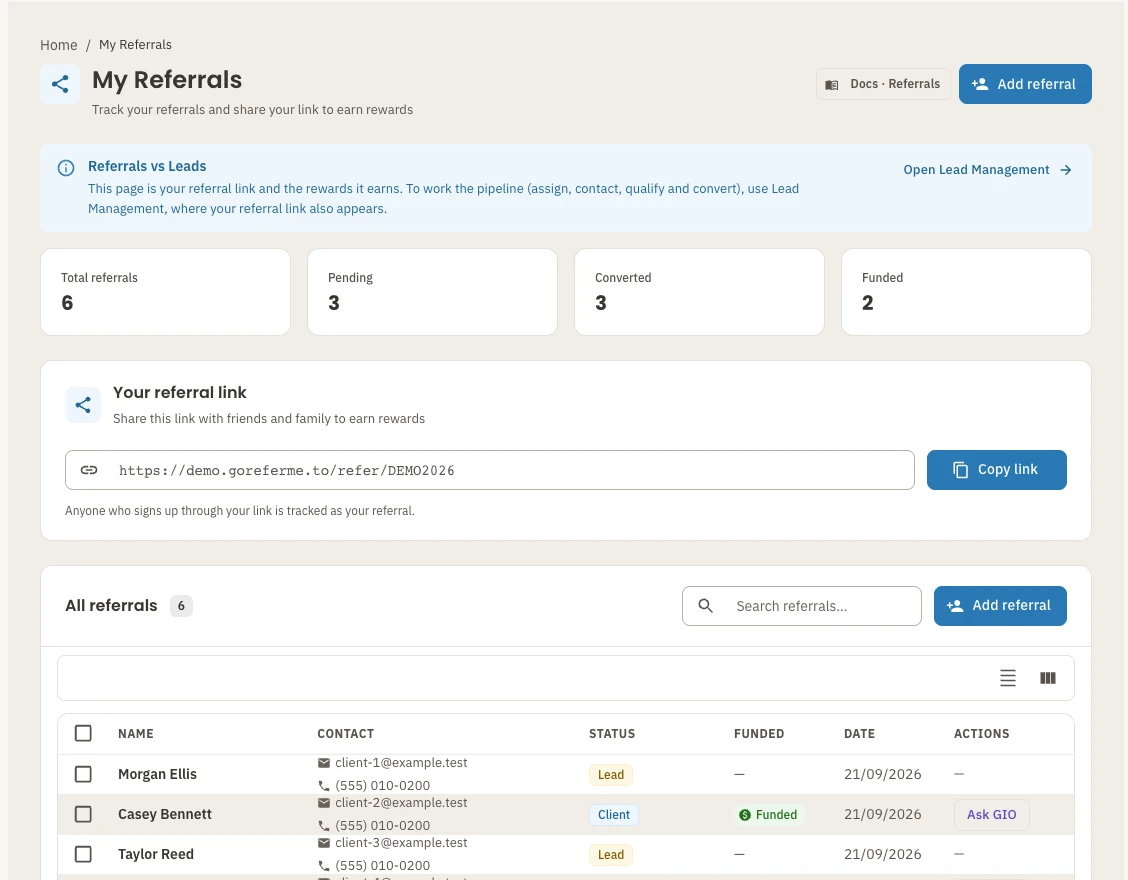 Referral links, status and attribution in the current GoRefer interface. All people, firms and figures shown are demonstration data.